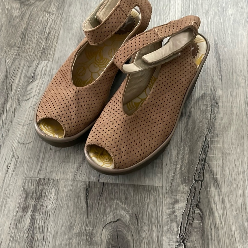 Fly London Beige Peep-Toe Wedge Sandals